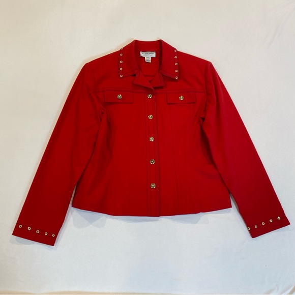 Vintage St. John Red Cotton Denim Studded Women's Jacket Size Small